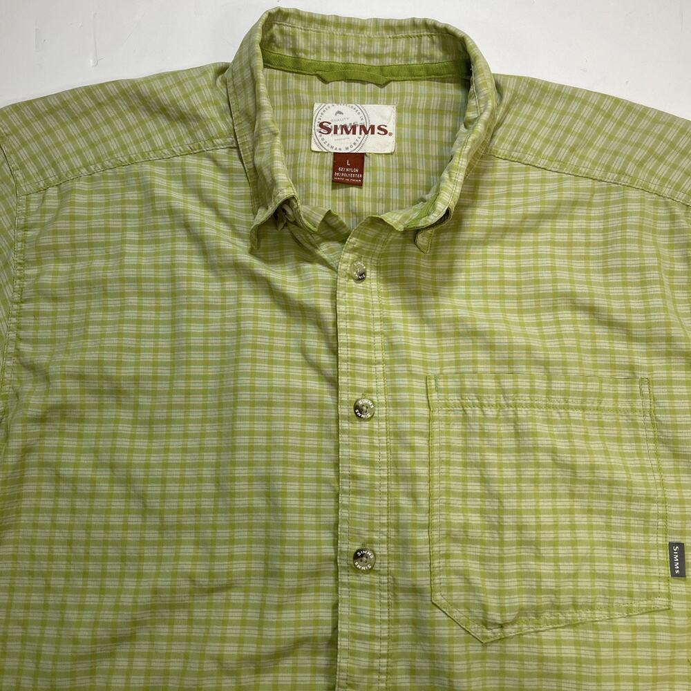 Simms Men’s Plaid Button Down Fishing Shirt Green Large Outdoor Casual
